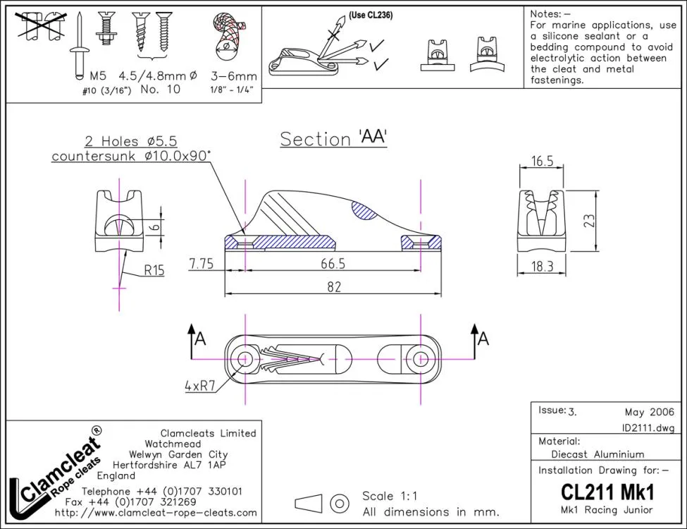 Clamcleat CL211-I Klemme, Alu silber