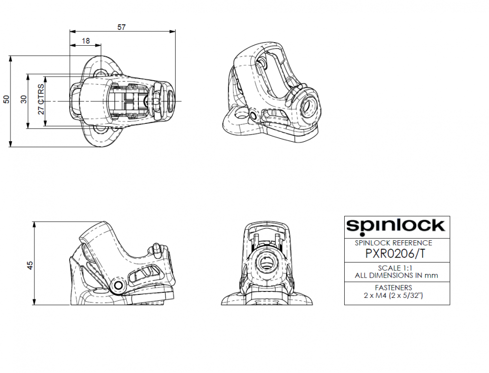 Spinlock PXR0206T Drill Guide und Abmessung