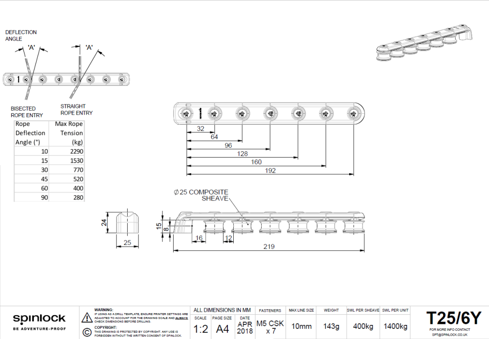 Spinlock T25/6Y Umlenker Maße Bohrungen