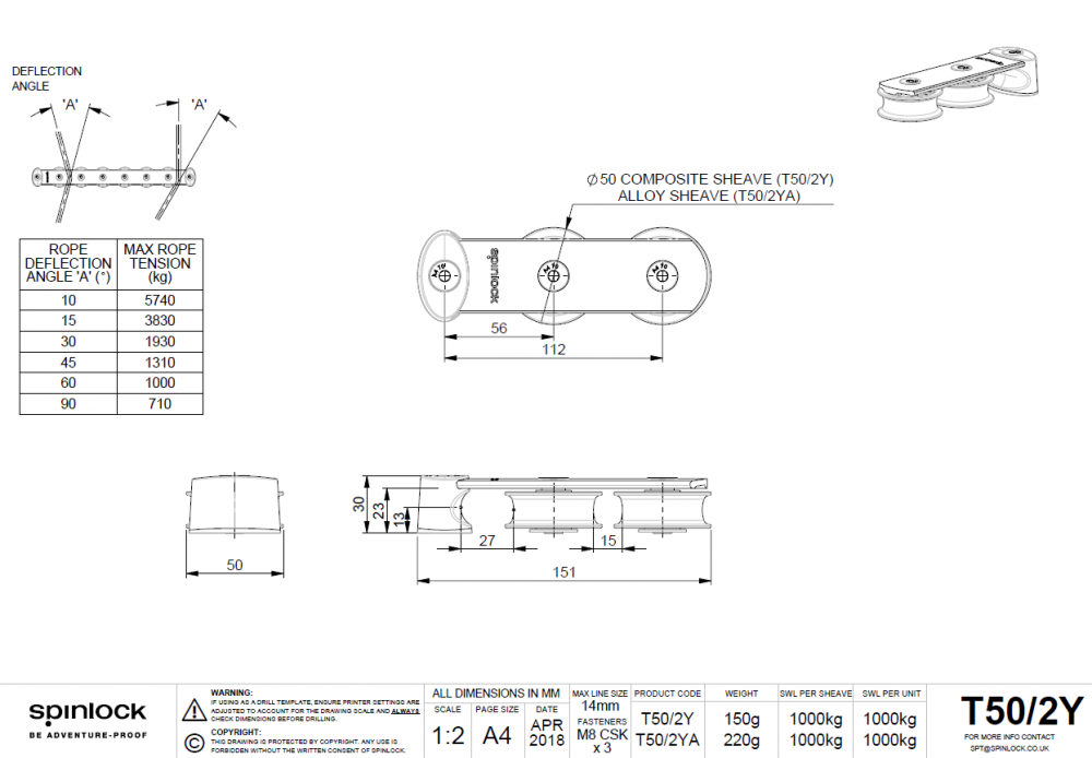 Spinlock T50-2Y Fallumlenker Maße Bohrung
