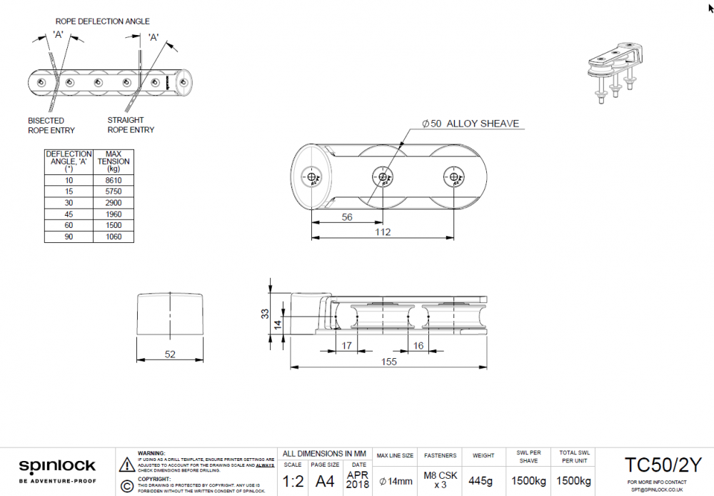Spinlock TC50-2Y Fallumlenker Maße Bohrungen