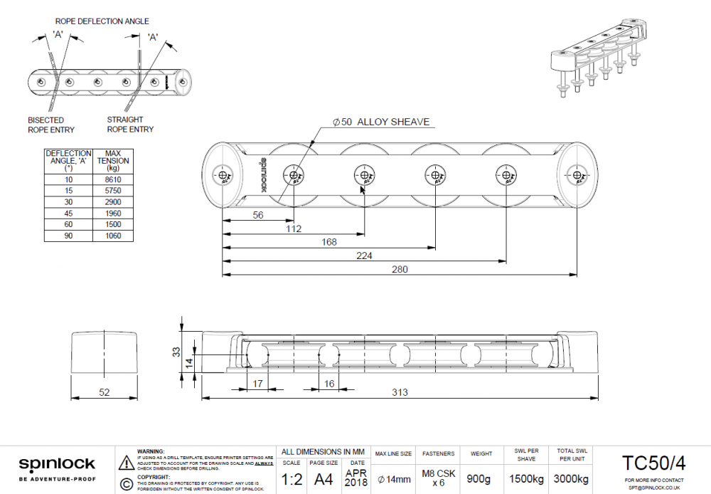 Spinlock TC50-4 Fallumlenker Maße Bohrungen
