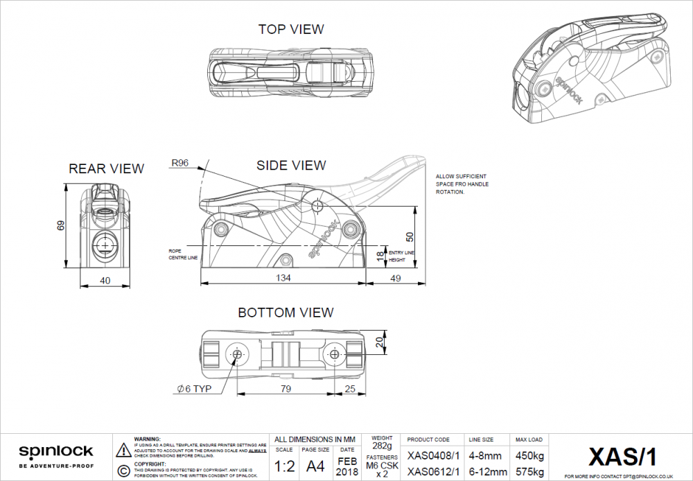 Spinlock XAS0612/1M Bohrschablone und Abmessungen
