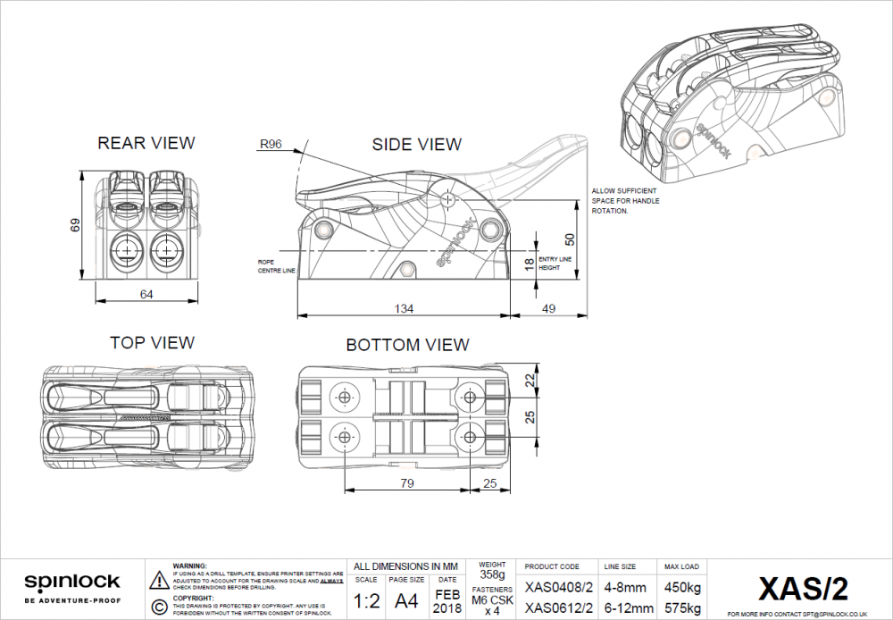 Spinlock XAS0612/1M Bohrschablone und Abmessungen