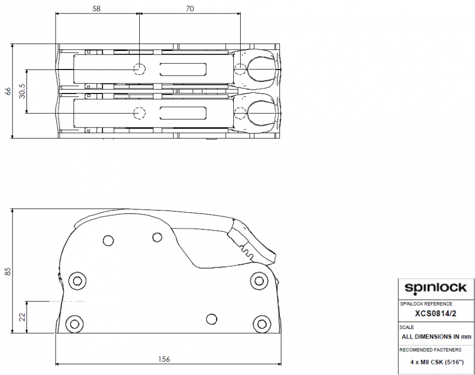 Spinlock XCS0814/2S Bohrschablone und Abmessungen