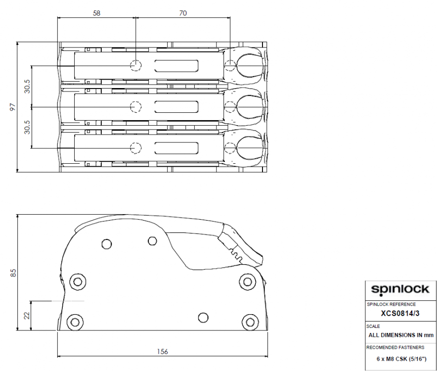 Spinlock XCS0610/3B Bohrschablone und Abmessungen