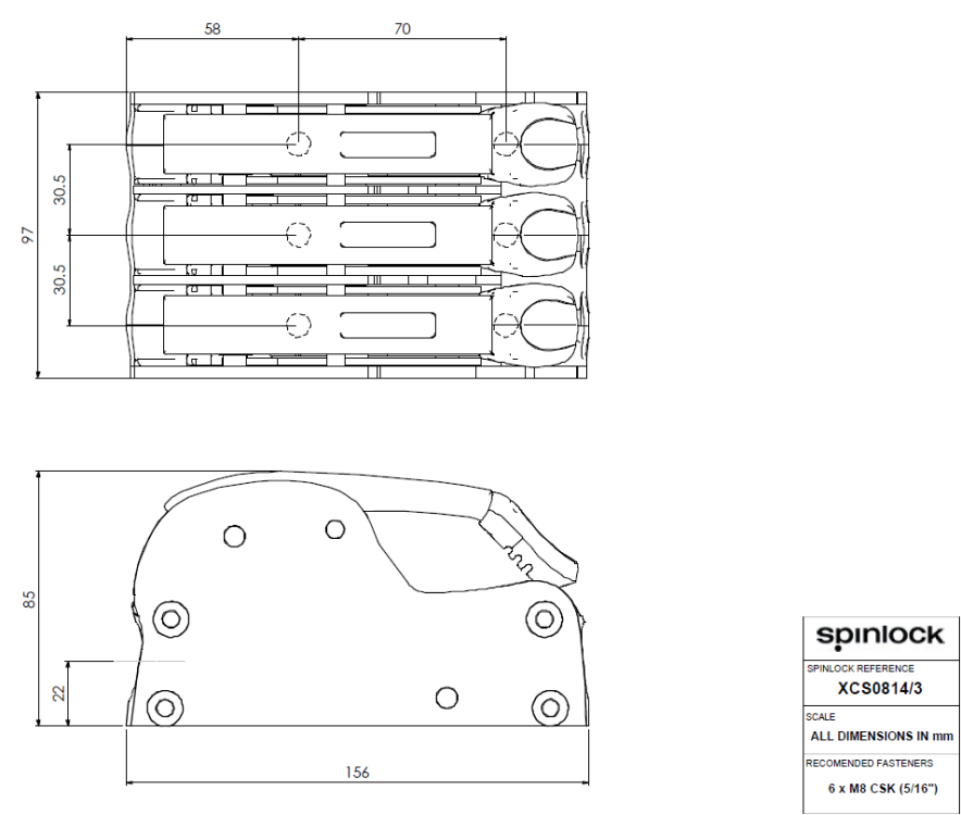 Spinlock XCS0610/3S Bohrschablone und Abmessungen