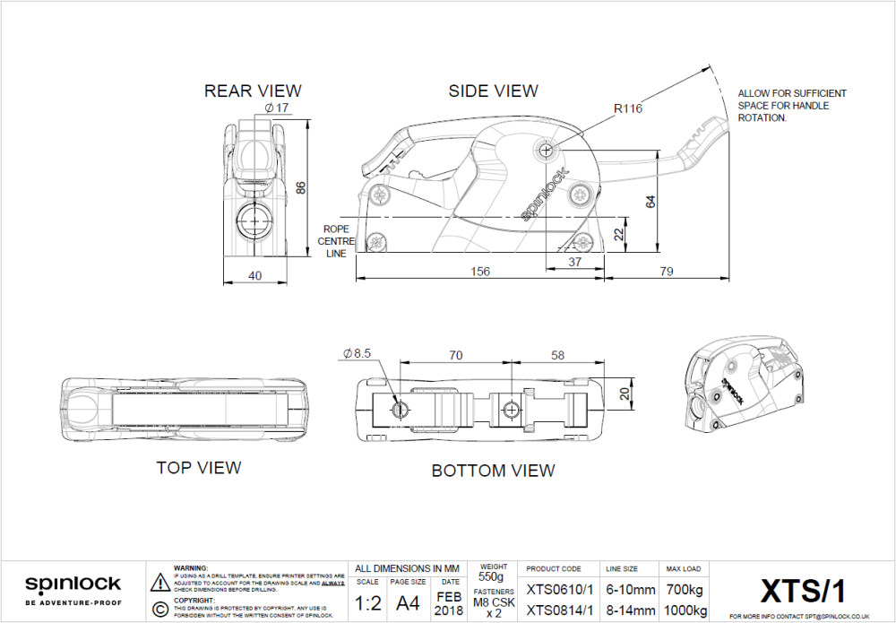 Spinlock XTS0610/1 Bohrschablone und Abmessungen