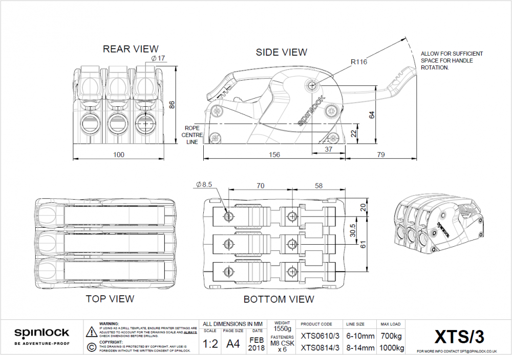 Spinlock XTS0610/3 Bohrschablone und Abmessungen